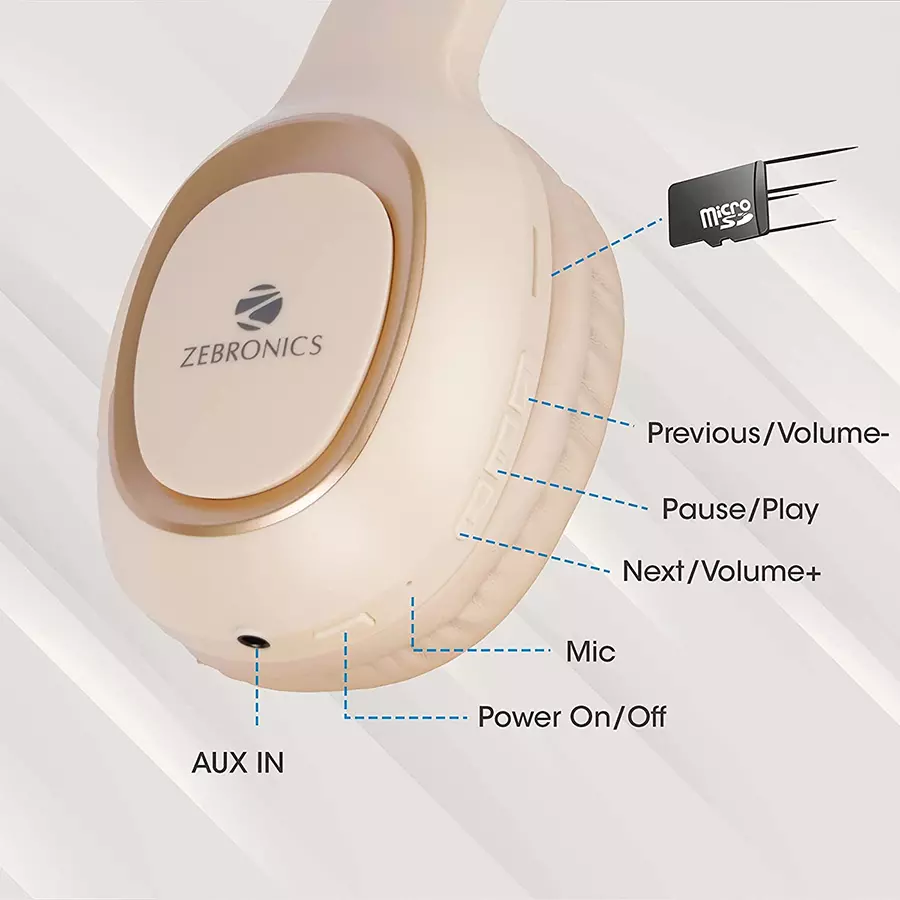 Zebronics Zeb Paradise Beige Bluetooth Wireless On Ear Headphones